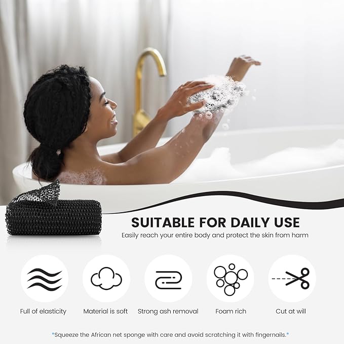 African Net Sponge, Authentic Exfoliating Body Scrubber for Bath and Shower, Multiple Textures with Gentle Deep Exfoliating and Rich Lather for All Skins (Black)