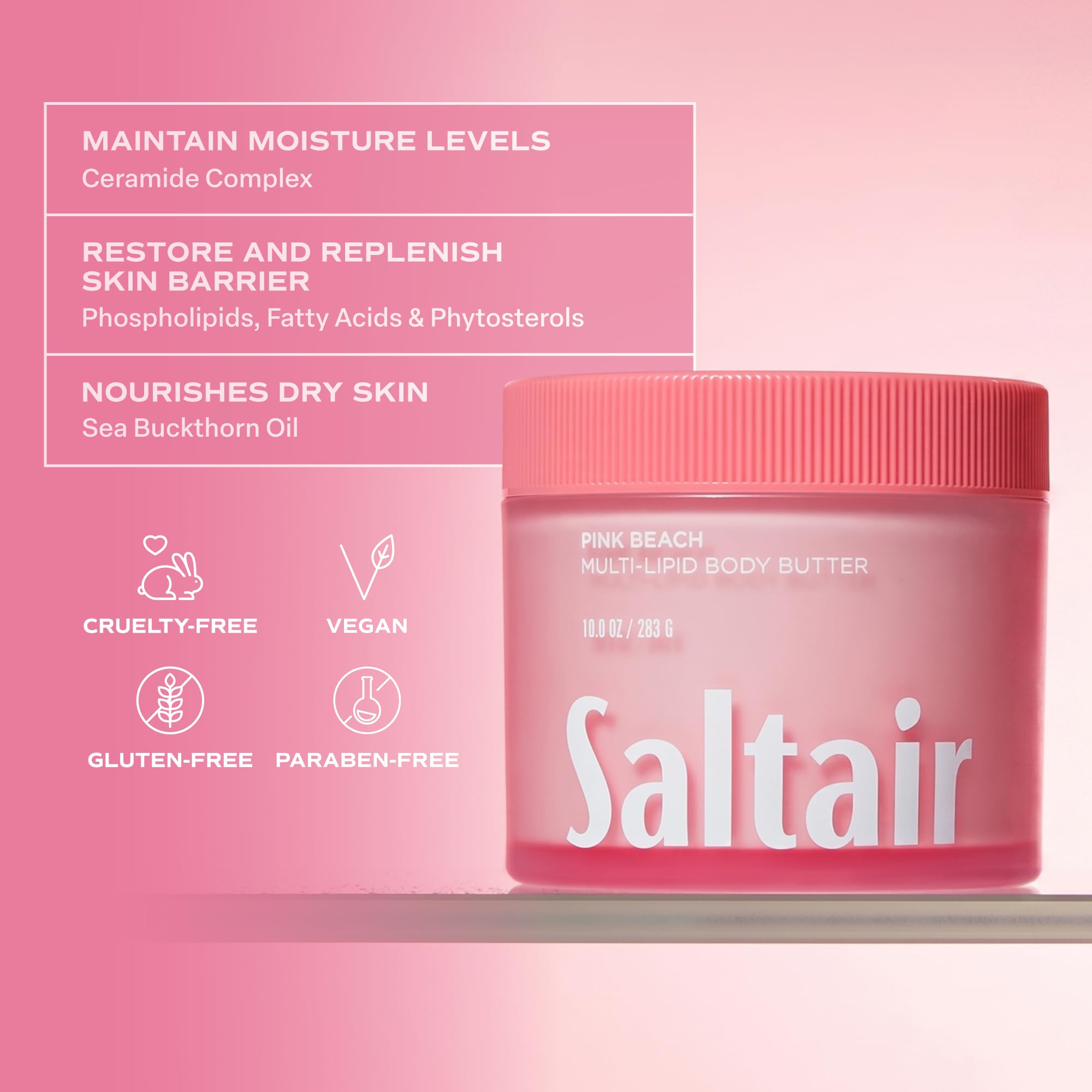 Saltair Multi-Lipid Body Butter – Hydrating 24-Hour Moisture – Body Cream for Soft Skin & Barrier Support – Ceramides, Coconut Oil & Shea Butter for Dry Skin Care – Pink Beach 10oz