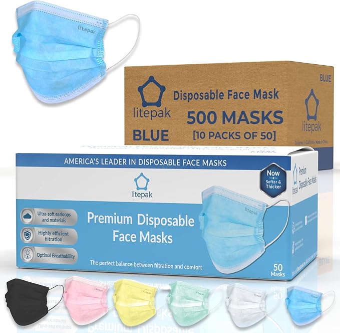 Litepak 500pcs Disposable Face Masks, 3-Ply Dust Mask for Work, Nose Wire