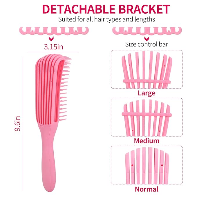 Detangler Brush Set for 3a,4c,Wig/Thick/Wavy/Curly/Wet Slick Back Hair Brushes,Rat Tail Combs,8-Row,Edge Brush,For braiding,teasing,parting,styling,kids,girls,women(Pink)