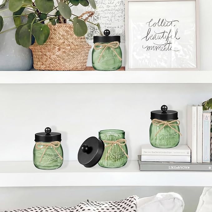 SheeChung Green Glass Qtip Holder Dispenser, Mason Jar Apothecary Jars with Lids, Bathroom Organizers and Storage, Vanity Countertop Canisters Set for Cotton Swab, Ball, Pad, Floss Pick-Black, 2 Pack