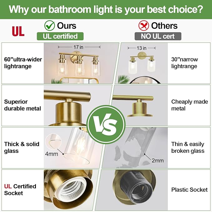 3-Light Gold Bathroom Light Fixtures, Modern Bathroom Vanity Light with Clear Glass Shade, Brushed Gold Bath Wall Mount Lights, Wall Lamp for Mirror Kitchen Bedroom Hallway Living Room Hallway