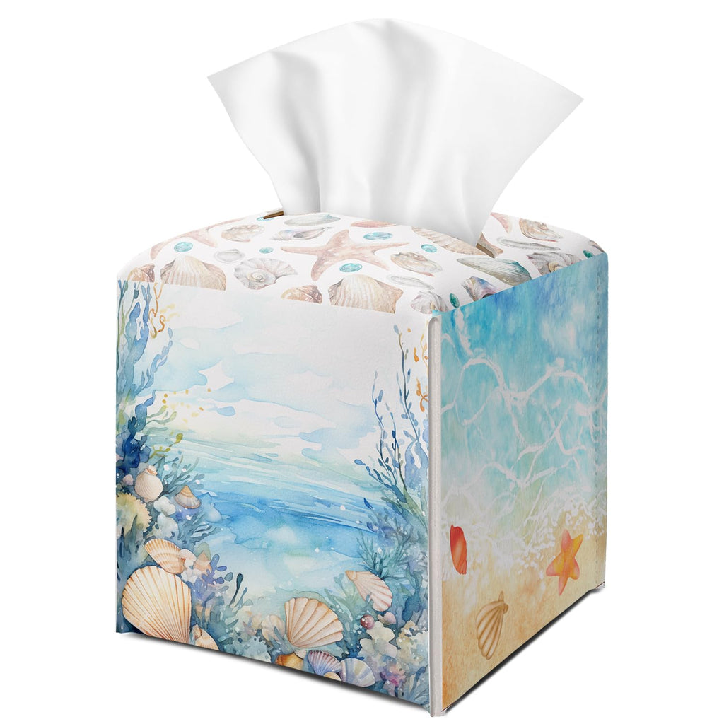 Coastal Starfish Seashell Tissue Box Cover Square with Bottom Belt, Leather Waterproof Tissue Holder Facial Paper Case for Tabletop Home Office Bathroom Car Decor -10