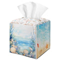 Coastal Starfish Seashell Tissue Box Cover Square with Bottom Belt, Leather Waterproof Tissue Holder Facial Paper Case for Tabletop Home Office Bathroom Car Decor -10