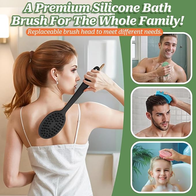 Soft Silicone Body Scrubber 2PCS, Dual-Side Silicone Loofah for Shower, Gentle Loofa Alternative, Replaceable Brush Head to be Used Alone or with Long Handle (Bluex2)