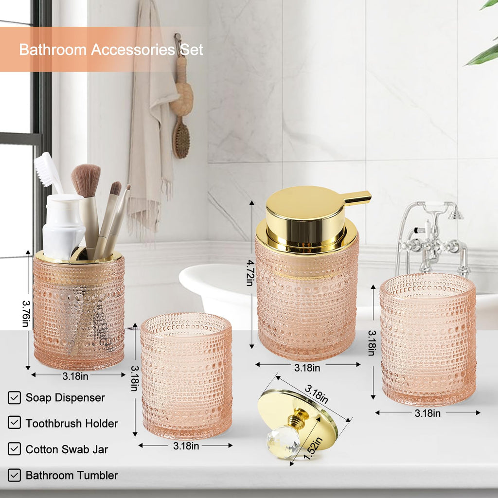 DASITON Bathroom Accessories Set,4Pcs Glass Bathroom Counter Set with Foaming Soap Dispenser,Toothbrush Holder,Bathroom Tumbler,Cotton Swab Jars, for Vanity Bathroom Decor(Pink A)