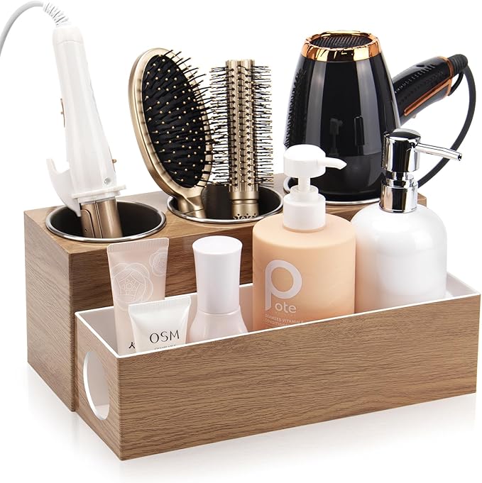 GFWARE Hot Hair Styling Tool Organizer with 3 Stainless Steel Cups, Wood