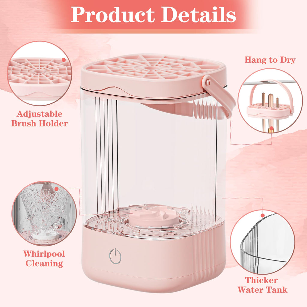 Electric Makeup Brush Cleaner - Portable Makeup Brushes Cleaning Machine, Automatic Spinning Cosmetic Brushes Washer, Make Up Brush Cleaner Tools for Most Sizes Brushes and Sponges (Pink)
