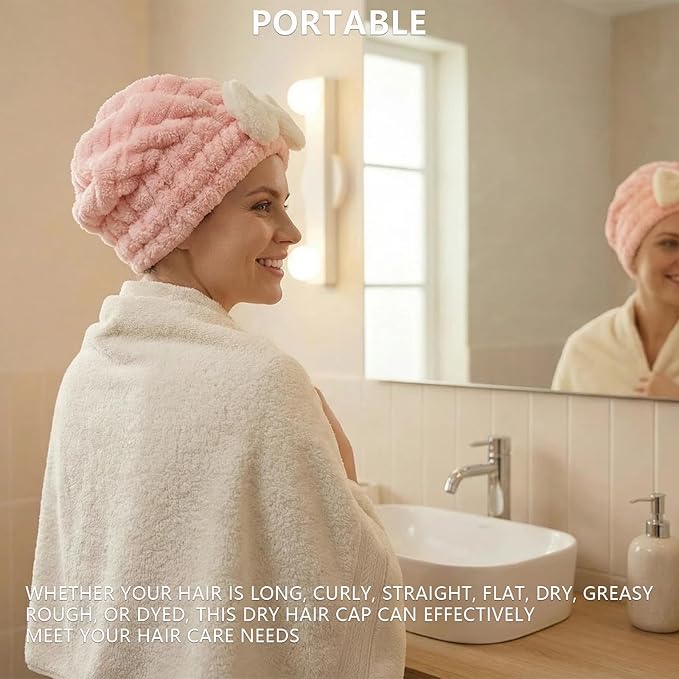 AZSRKRBM 4-Pack Microfiber Hair Towel Cap for Short/Medium Hair, No Twist, No Tug, Soft Absorbent Drying Hat with Bow for Women - Great for Skincare, Makeup, Shower