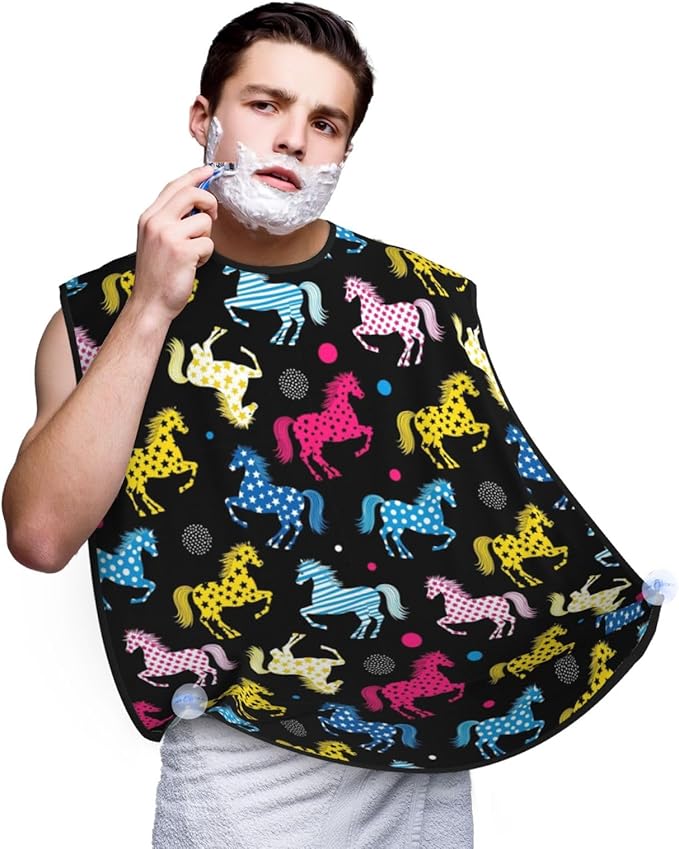 Beard Bib Apron for Men Shaving, Waterproof Non-Stick Hair Catcher with Suction Cups, Grooming Essential for Dad Husband, Colorful Stars Dots Stripes Horse Black Shave Bib