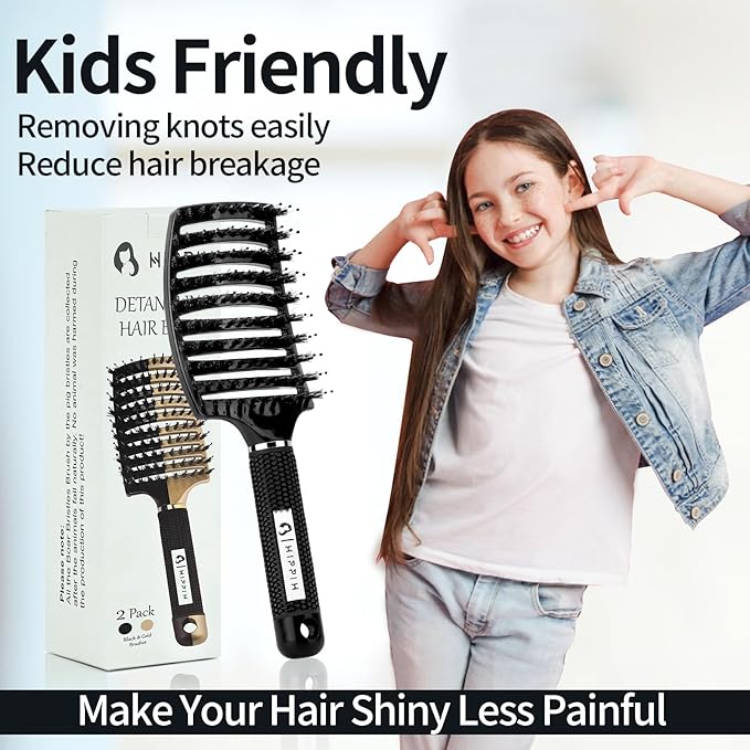 Boar Bristle Hair Brush Set of 2, HIPPIH Wet & Dry Hair Brushes Made by Fine Natural Boar Hair Can Adds Shine and Smoothing, Detangling Hairbrush for Women, Men & Kids' Long Curly Thick Hair