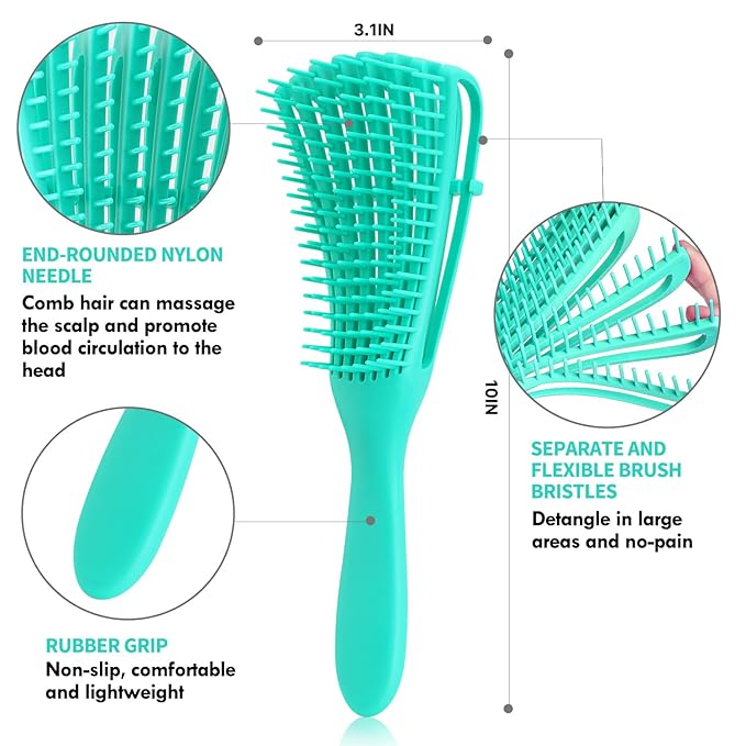 4pcs Curly Hair Brush Set for Adult & Kids Wet or Dry, Detangling & Wide Tooth Comb with Hair Detangler (4, Green)