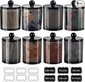 SheeChung 8 Pack Qtip Holder, Cotton Round Holder with Lids & 12 Labels - (4) 10oz & (4) 12oz Plastic Canisters Bathroom Storage Set for Cotton Swabs, Balls, Pads, Floss Picks ( Black)