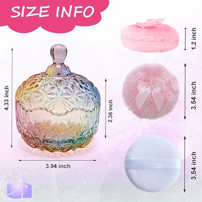 Qopoto 5 Pieces Large Body Powder Puff and Powder Container, Crystal Case for Dust Puff, Powder applicator with Box for Face and Body (Color, Crown)