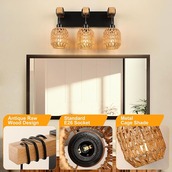 Bathroom Vanity Light Fixtures, 3-Light Farmhouse Bathroom Light Over Mirror, Rustic Boho Wood Sconces Wall Lighting with Woven Lampshade for Living Room, Bedroom, Hallway