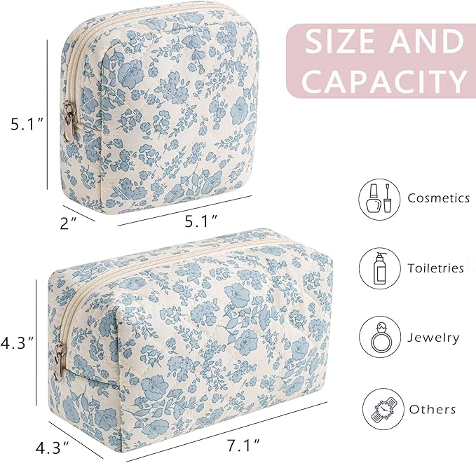 2 Pcs Quilted Cotton Makeup Bag Set, Small Aesthetic Cosmetic Bag with Floral Pattern, Cute Makeup Pouch for Purse, Kawaii Trendy Preppy Travel Toiletry Bag for Women and Girls(21 Blue Flower Set)