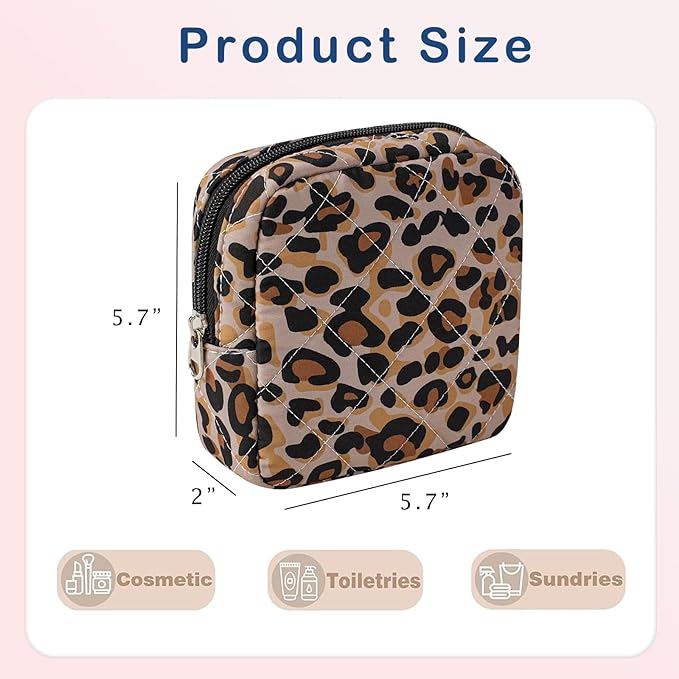 RSRSLEII Small Quilted Cosmetic Pouch for Purse, Mini Cotton Makeup Bag with Compartments, Cute Zipper Lipstick Holder for Women (22Leopard Print)