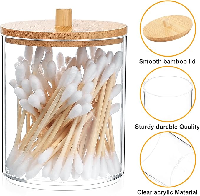 Fulushouxi 2 Pcs Qtip Holder, Cotton Pads Balls Dispenser Holders, Clear Cotton Swab Makeup Canister, Apothecary Jar Holder Organizer with Bamboo Lid for Bathroom Tabletop Vanity Makeup Storage Box