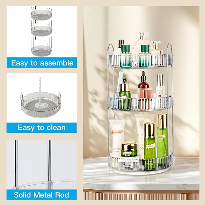 Niluks 360 Rotating Makeup Organizer, 3 Tier Large Capacity Lazy Susan Bathroom Counter Organizer, Skincare Organizers, Spinning Perfume Organizer & Vanity Organizer Countertop (Classic Grey, 3 Tier)