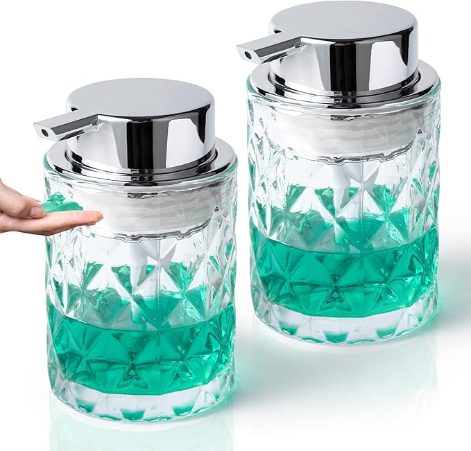 Bathroom Glass Soap Dispenser with Durable Rust-Proof Plastic Liquid Pump Hand Lotion Dispenser Antislip Shampoo Kitchen 10oz 2 Pack