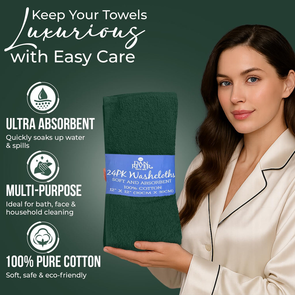 DAN RIVER 24 Pack Cotton Wash Cloths Set for Showering [12x12] Huntergreen