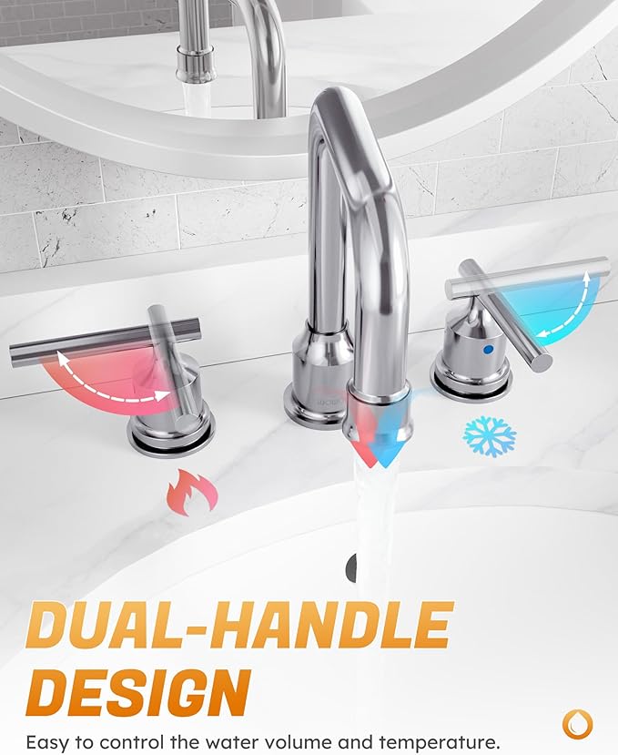 WOWOW Widespread Bathroom Faucet Chrome 8 inch Bathroom Sink Faucet Adjustable 3 Pieces Basin Faucets 360° Swivel Spout Modern Lavatory Faucet Vanity Faucets Water Supply Lines Quick Install Pipe