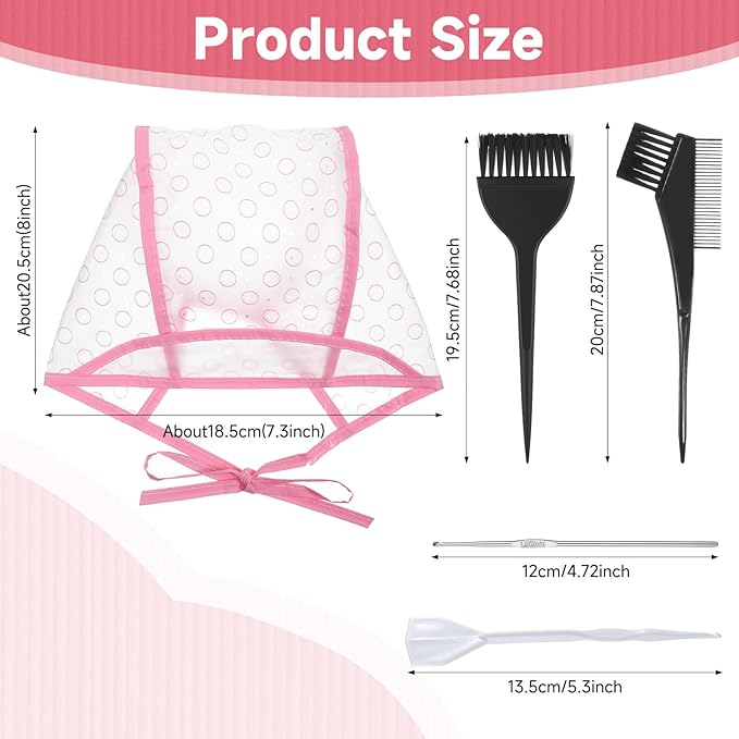 12 Pcs Highlighting Caps with Hooks, 4 Sets of Pink Hair Coloring Frosting Dye Kits with 3 Metal Hook and 2 Hair Dye Brush for Salon Hair Dyeing Hairdressing and DIY Dyeing Hair, Pink Highlight Cap
