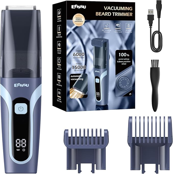 Beard Trimmer for men, Vacuum Mustache Trimmer Electric Shaver, Blue