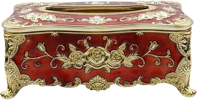 9.45"x5.43"x3.94" Luxurious Rose Tissue Box with Imitation Diamonds, Embossed Flowers, Elegant Tissue Paper Holders for Home Toilet Bath Hotel,Gold-Red