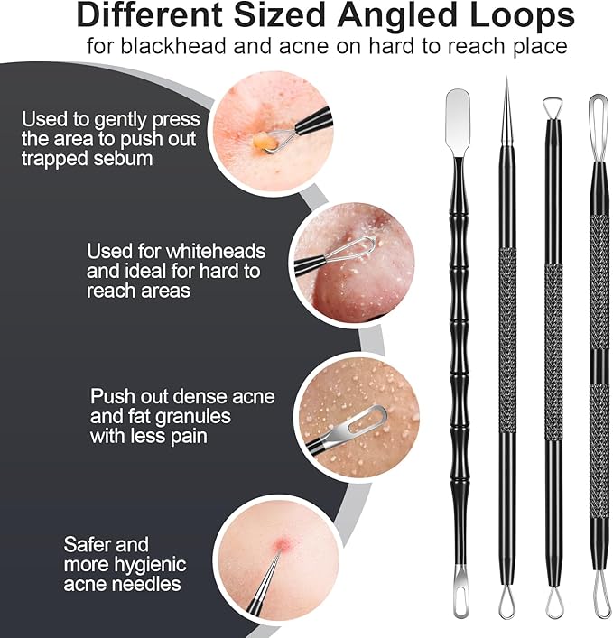 Meidaier 11Pcs Blackhead Remover Kit, Stainless Steel Acne Comedone Extractor with 10X Magnifying Glass & 20 75% Alcohol Pads, Pimple Whitehead Blemish Removal, Anti-Slip Handle & Storage Box