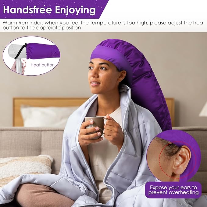 TEPENAR Hair Dryer Bonnet Attachment: Upgraded Extra Large Hooded Dryer Adjustable Hair Dryer Caps - Easy to Use for Natural Curly Textured Hair Care Styling Fast Drying - Purple