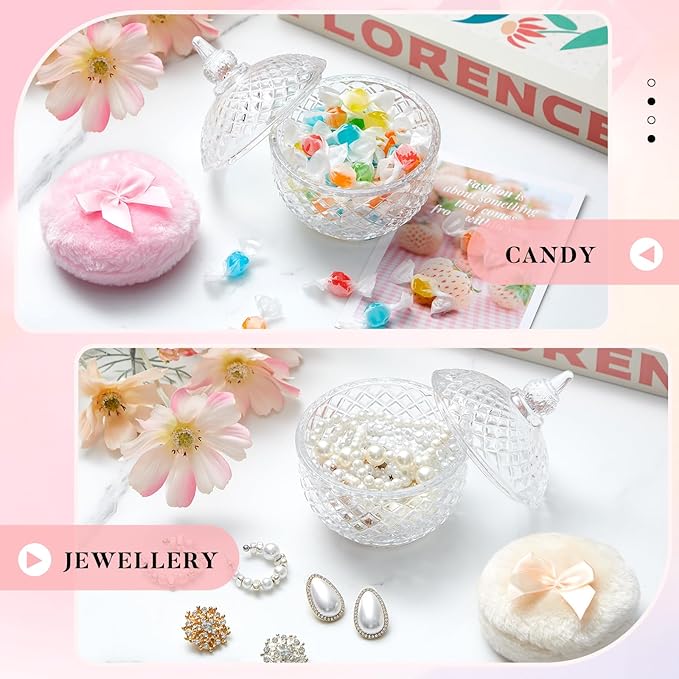 Tioncy 3 Pcs Large Body Powder Puff and Container Birthday Gift for Women, Soft Velour Face Body Glitter Puff with Crystal Glass Case, Wet Dry Makeup, Washable Reusable (multi-faceted Cut, Clear)