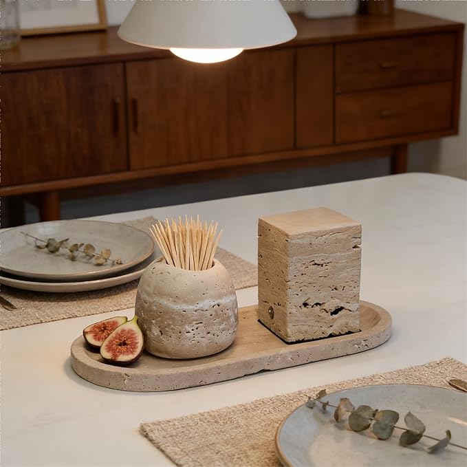 SIRIZEN-DIVING Travertine Toothpick Holder, Small Stone Cup Organizer