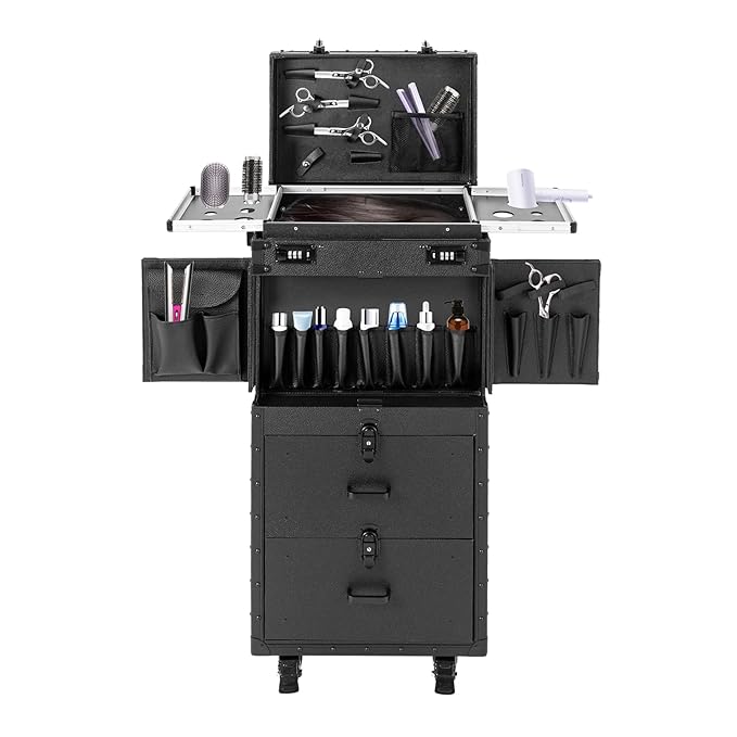 CNCEST Beauty Salon Luggage, Rolling Lockable Hair Stylist Travel Case Hairdressing Trolley Stylist Beauty Salon Cosmetic Luggage Travel Organizer Tool Box with Hair Dryer Holder(All Black)