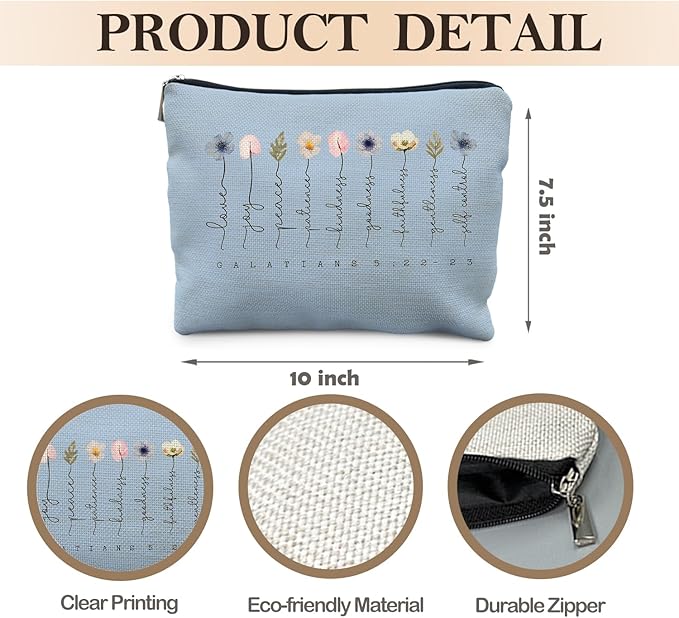 Likjad Christian Gifts Makeup Bag, Floral Christian Cosmetic Bags for Women, Galatians 5:22-23 Bible Verse Makeup Pouch（blue