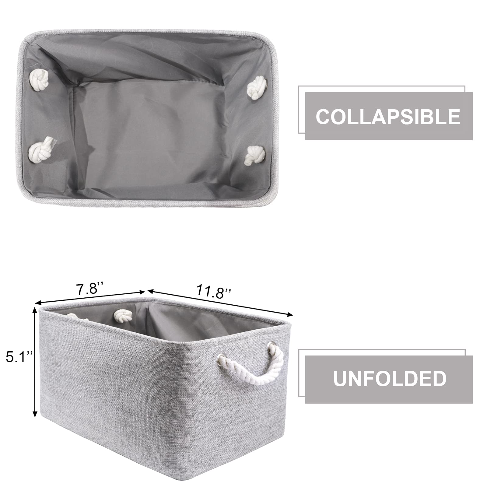 HNZIGE Small Baskets for Shelves(6pack) Fabric Storage Baskets, Empty Gift Baskets with Rope Handles, Decorative Foldable Storage Baskets for Organizing Home Closet Office (Gray, 11.8" x 7.8" x 5.1")