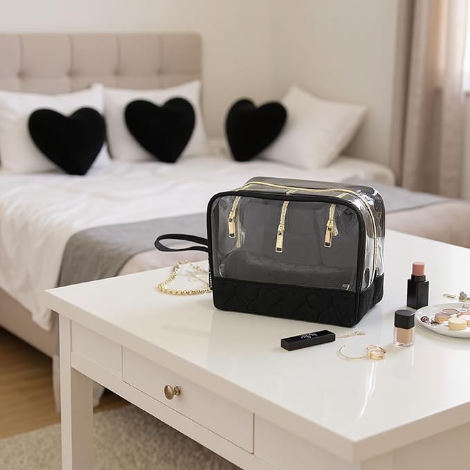 Emma & Chloe Travel Toiletry Bags for Women, 5 Piece Waterproof Cosmetic Case, Bag, Pouch Makeup Organizer Set for Women, Home Counters (Quilted Black Hearts)
