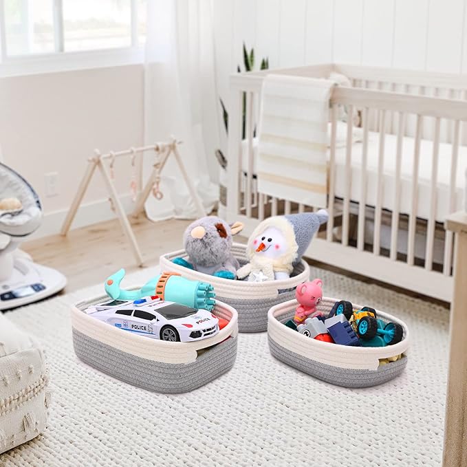 HLWDFLZ 7 Piece Cotton Rope Woven Basket Set - Small Basket for Baby Nursery, Pets, Montessori, Dog & Cat Toy Boxes, Bathroom Organization Bins (White/Gray)