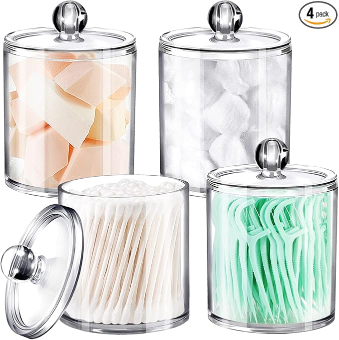 SheeChung Qtip Holder, Acrylic Cotton Round Holder with Chalkboard Labels - Shatterproof Apothecary Jars for Bathroom - Vanity Storage Canisters for Cotton Swabs,Balls,Floss Picks（4-Pack Clear）
