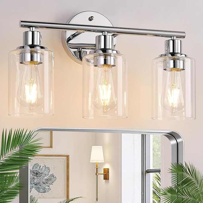 Zarbitta 3-Light Bathroom Light Fixtures, Chrome Bathroom Wall Light with Clear Glass Shade, Bathroom Wall Lamp for Mirror Kitchen Living Room Hallway Cabinet