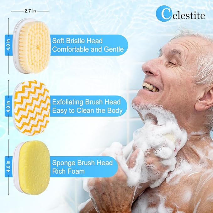 Celestite 20” Long Handle Shower Brush for Body, Back Scrubber for Shower with 3 Pcs Brush Heads, Exfoliation and Improved Skin Health Suitable for Women, Men, Elderly (White)
