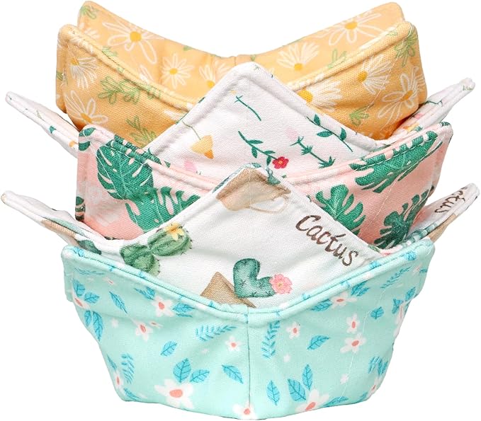 ROGITU Cotton Microwavable Bowl Cozy, Microwave-Safe Hot Bowl Holders, Soup bowl Cozy Hot Pads (Tropical Plants)