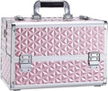 Joligrace Makeup Train Case Professional Cosmetic Organizer Aluminum Storage Box with 4 Adjustable Dividers Trays Lockable Portablewith Shoulder Strap - Neutral Pink