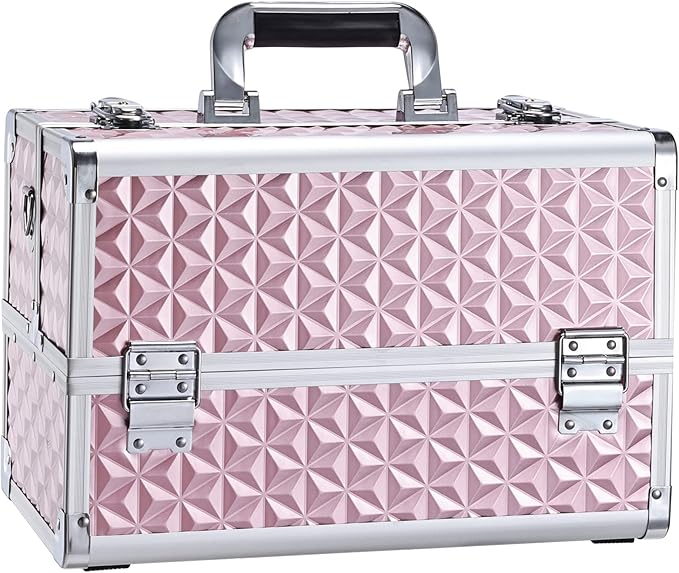 Joligrace Makeup Train Case Professional Cosmetic Organizer Aluminum Storage Box with 4 Adjustable Dividers Trays Lockable Portablewith Shoulder Strap - Neutral Pink