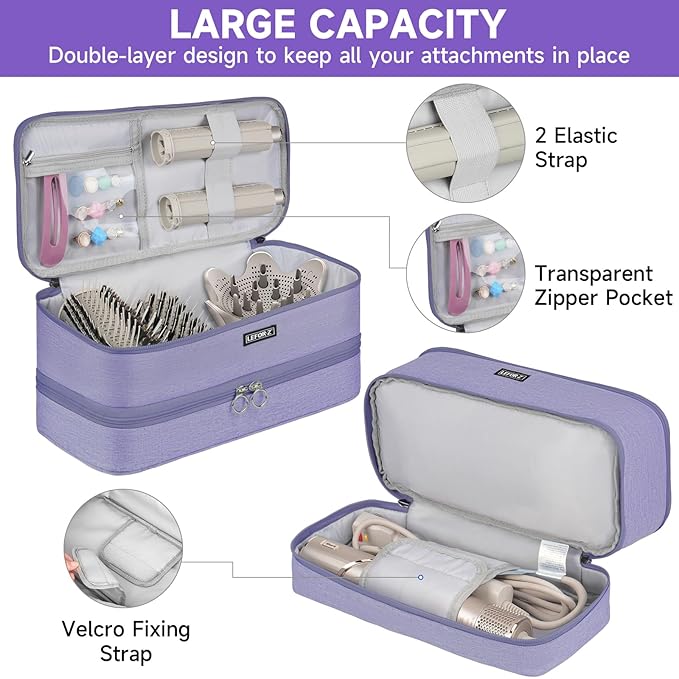 Travel Carrying Case Compatible with Shark Flexstyle/FlexFusion/Hair Dryer,Double-Layer Hair Hot Tools Storage Bag Fits for Dyson Airwrap Styler/Supersonic Hair Dryer and Attachments,Light Purple