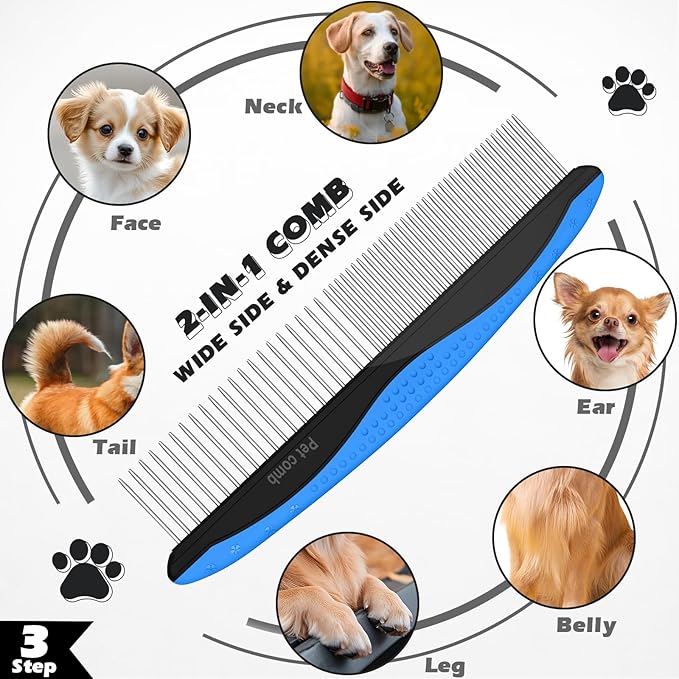 7 in 1 Pet Grooming Kit - Dog&Cat Comb, Deshedding Brush, Nail Clipper with File, Bath Brush - Premium Pet Supplies (Blue)
