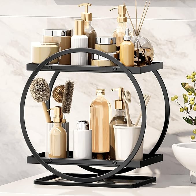 YIWANFW Bathroom Counter Organizer, Black Perfume Organizer for Dresser, 2 Tier Bathroom Organizer Countertop, Vanity Makeup Organizers, Skincare Display Tray for Bathroom Sink Storage