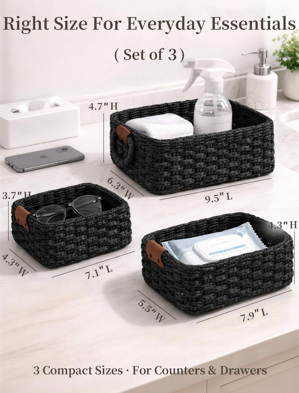 Panovox Small Wicker Baskets, 3 PCS Paper Rope Baskets for Shelves, Black