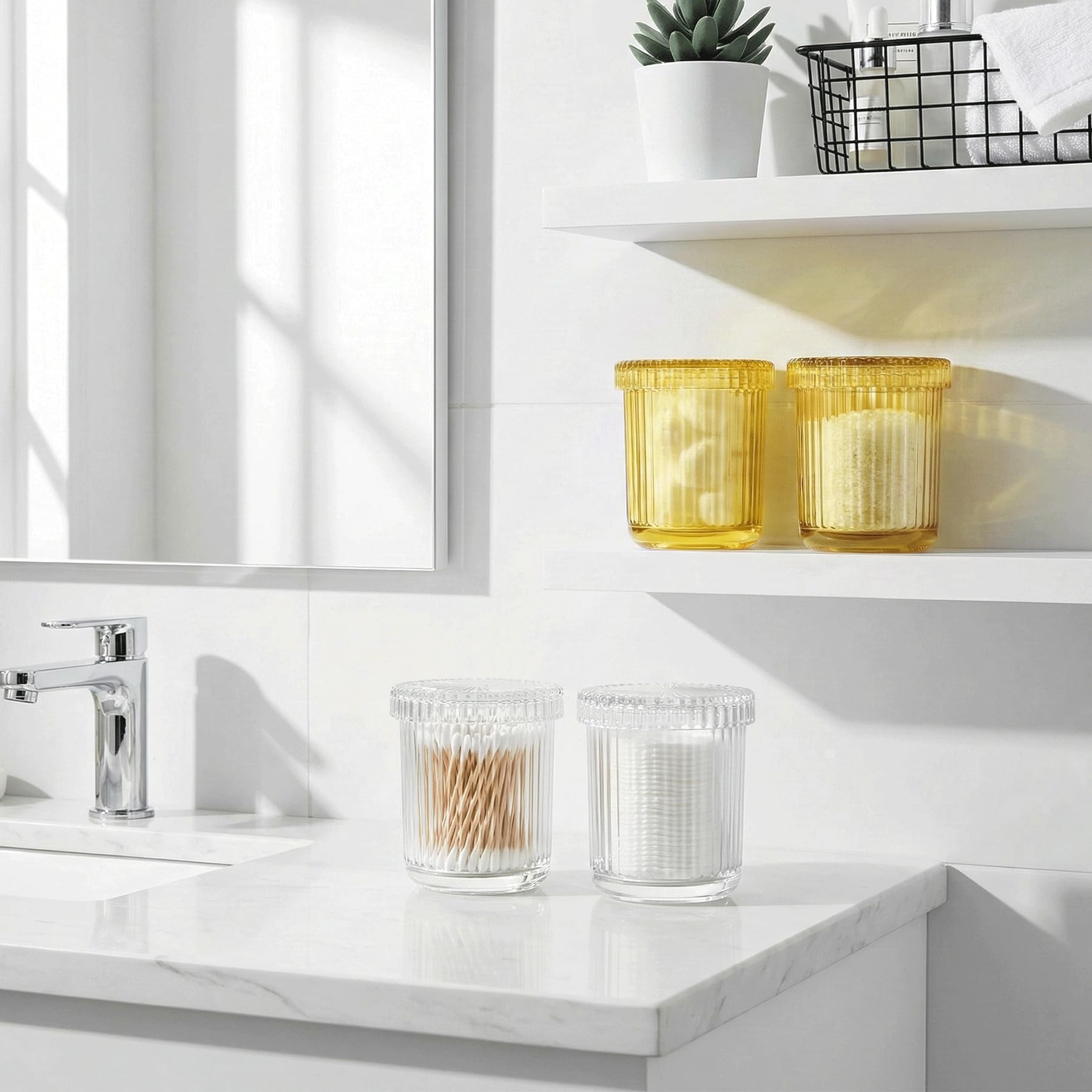 MKOSAB 2 Pack Qtip Holder - Apothecary Jars with Lids, Bathroom Organizers and Storage Canister for Cotton Balls,Swabs,Floss Picks,Hair Ties,Clear Glass Vintage Bathroom Decor Jar Set (yellow)