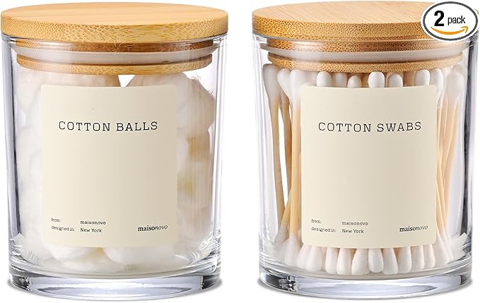MaisoNovo Qtip Holder Bathroom Set – Airtight Q tip and Cotton Round Holder with Lid to Store Cotton Rounds, Swabs, Floss Picks, Hair Ties with Free Labels Pack - 2 Clear Jars with Bamboo Lids